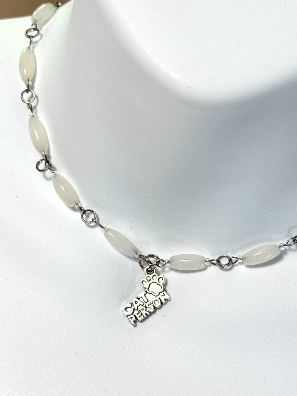 Genuine Milky Quartz Short Necklace, Gemstone & Cat Person Paw Print Pendant